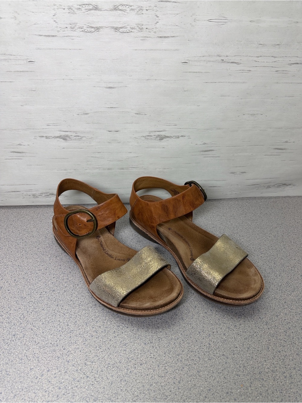 Sofft Brown Leather Ankle-Strap Sandals with Gold Toe Strap
